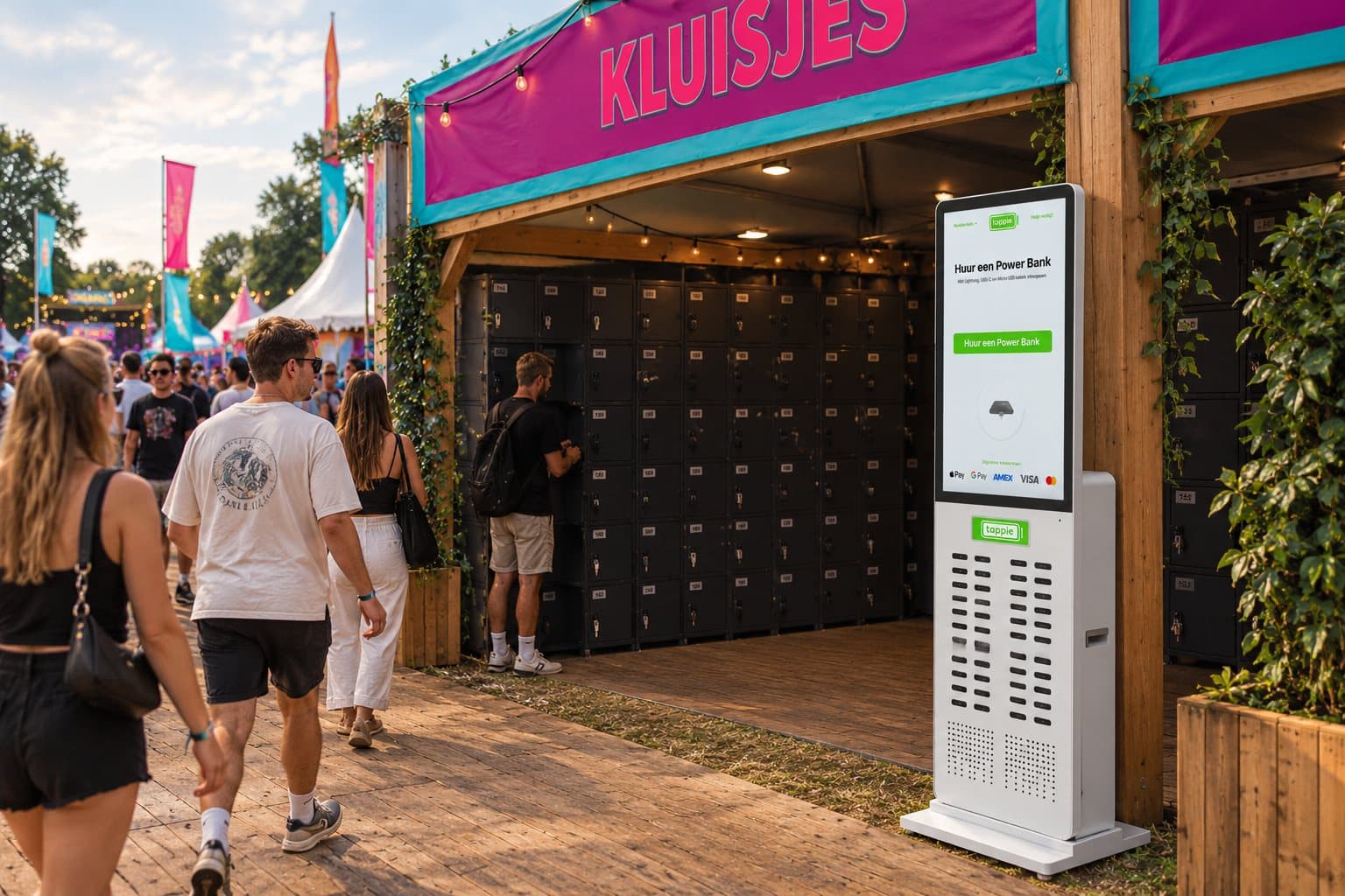 Tappie™ XXL outdoor Powerbank-Station bei den Schließfächern auf einem Festivalgelände