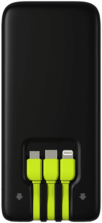 Tappie Powerbank mit integrierten USB-C-, Lightning- und Micro-USB-Kabeln